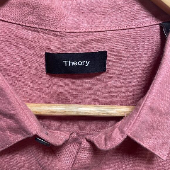 Theory Shirt Mens XL Pink Linen Button Up Short Sleeve Preppy Coastal Casual - Picture 2 of 11